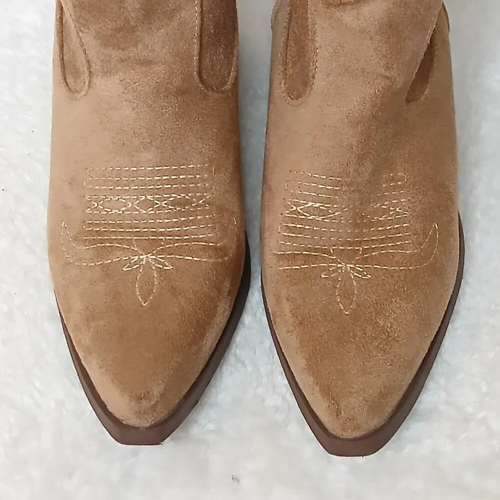 Faux Suede Western Inspired Pointed Toe Boots Tan Size EU 37/US 6.5 - Picture 6 of 8